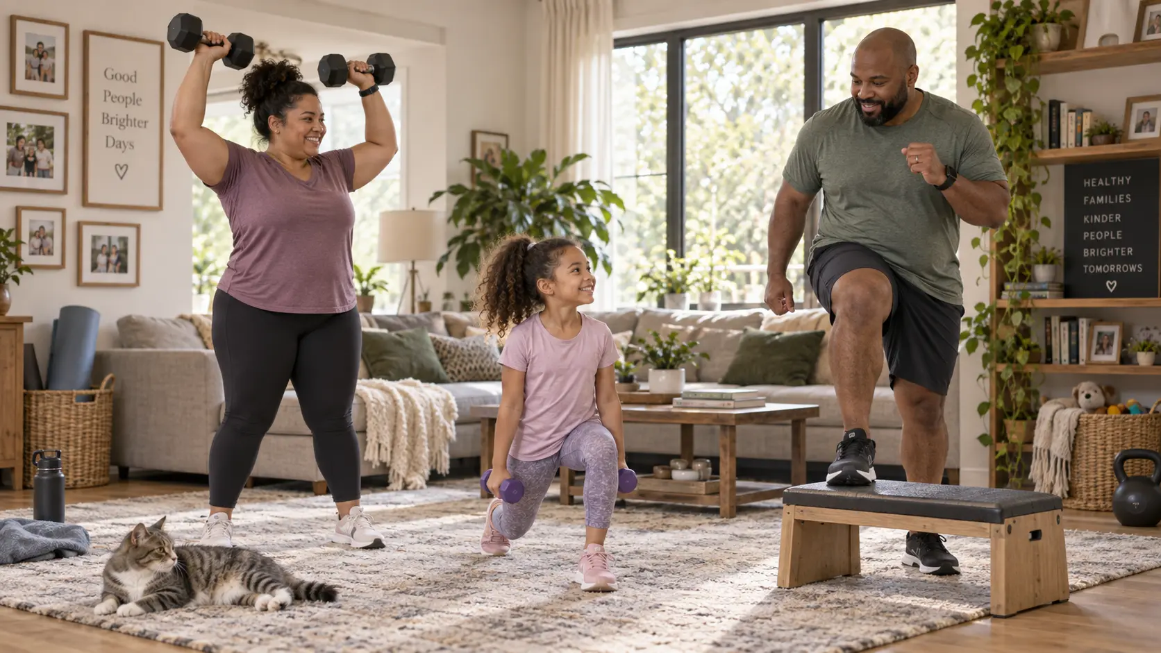 A family fitting a strength workout into life at home