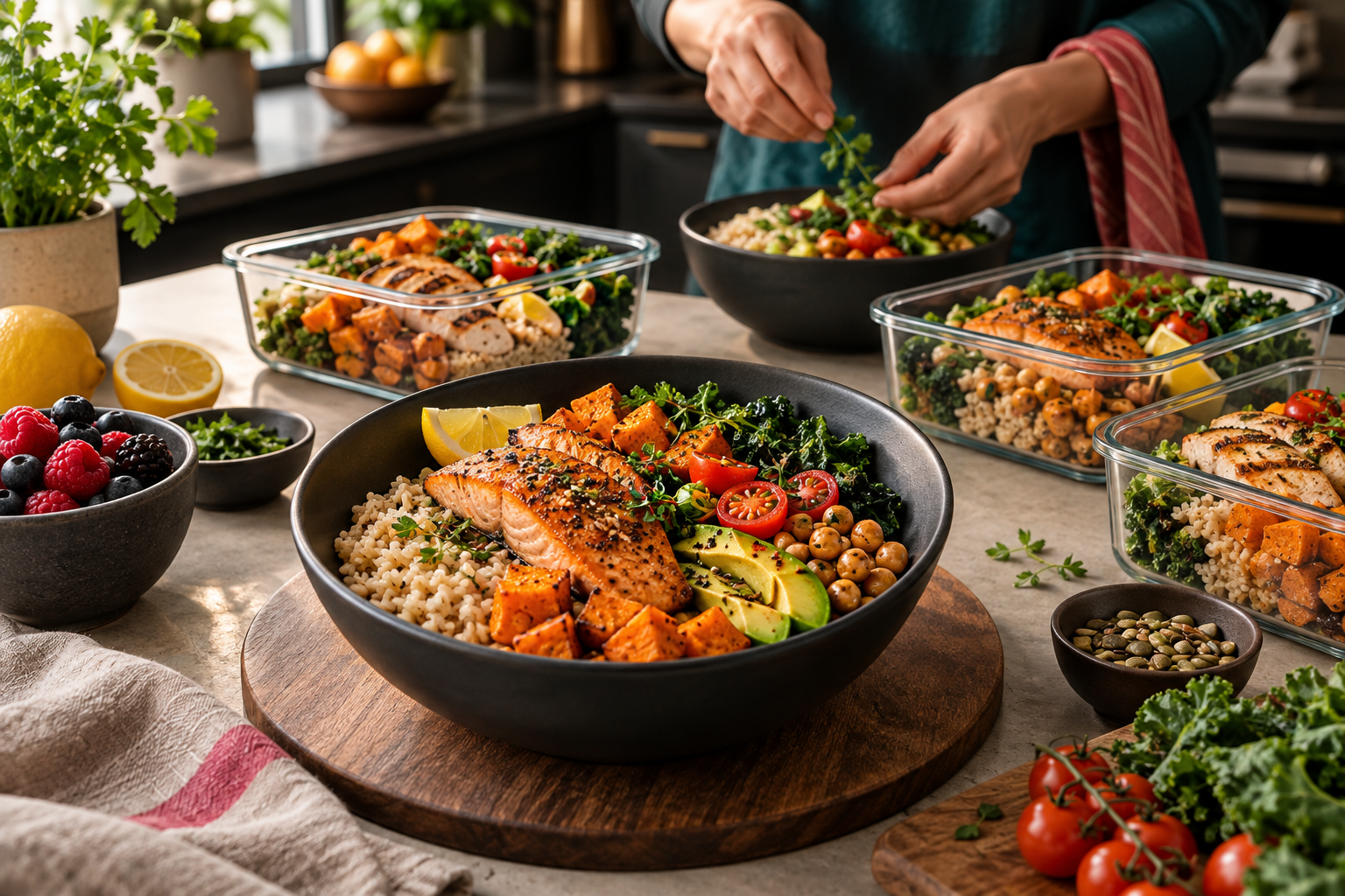 Repas équilibrés préparés avec du saumon, des céréales et des légumes