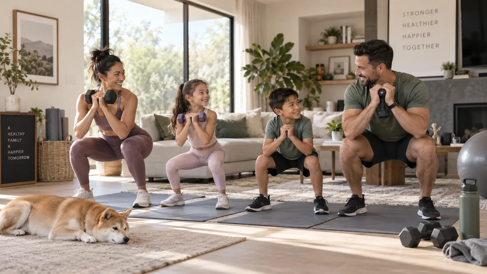 A parent and two children doing bodyweight squats together in a living room